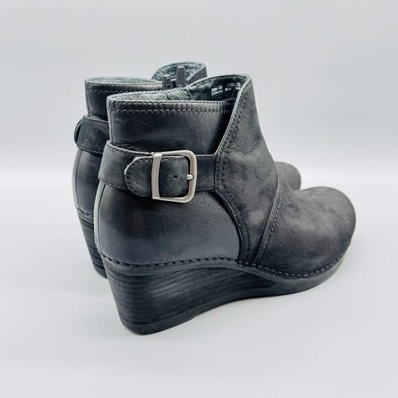Dansko Shoes Womens 7.5 Black Leather Booties Shirley Wedge Ankle Buckle Zip - Picture 8 of 12